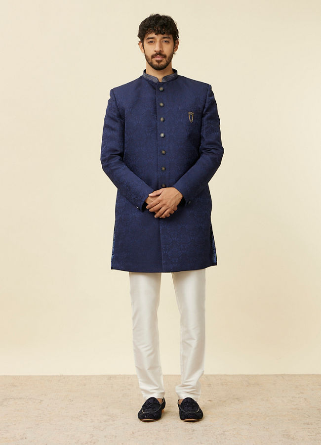 alt message - Manyavar Men Dark Blue Achkan Style Scallop Patterned Indo Western Set image number 2